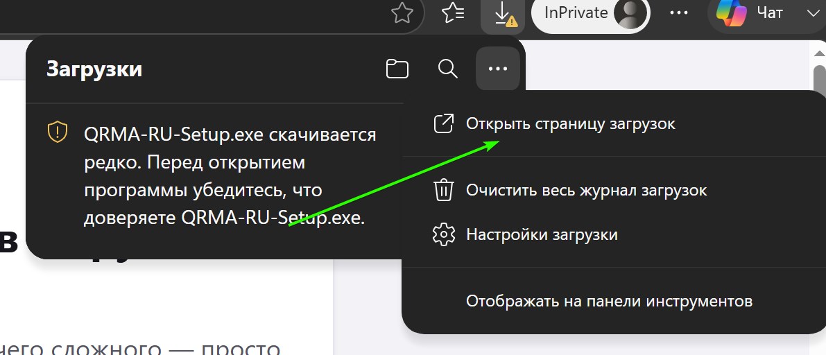 Пункт «Открыть страницу загрузок»